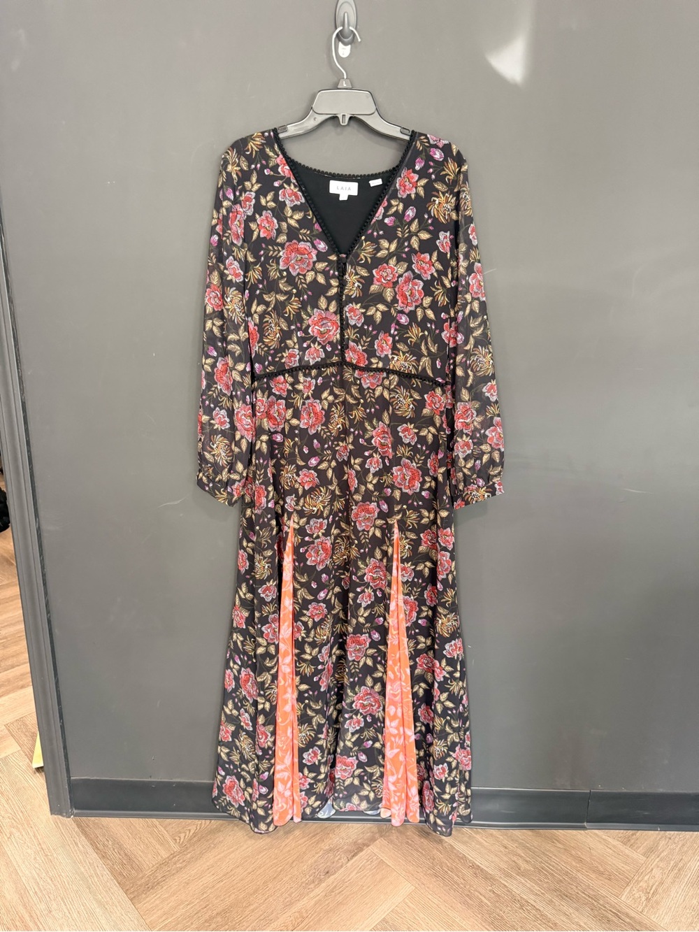 Anthropologie Black Maxi Dress with Pink Rose & Olive Print